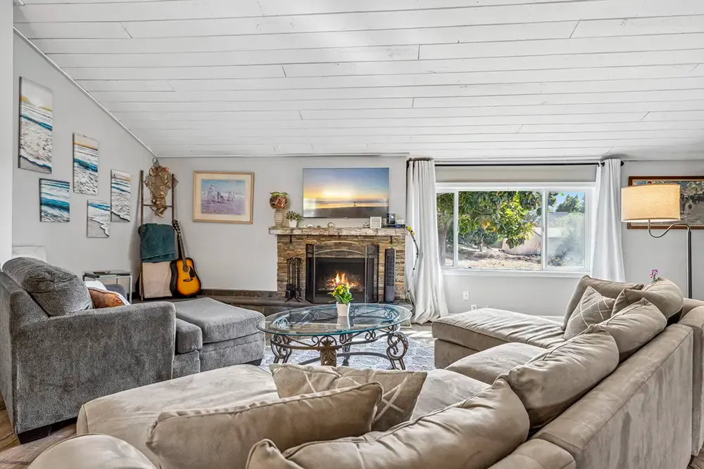 Living room with sofas and a fireplace in a Wings residential home