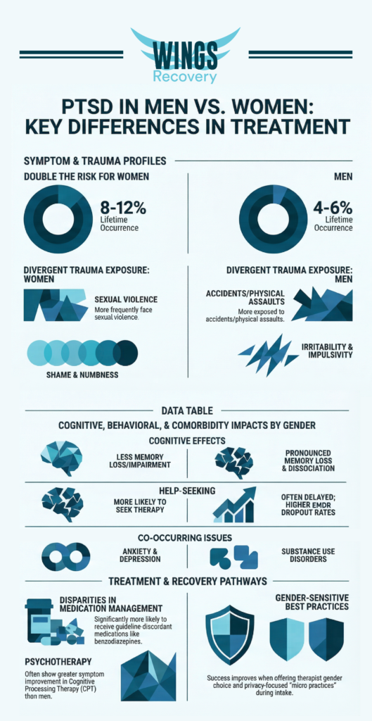 Infographic comparing PTSD in men vs. women, detailing differences in lifetime occurrence, trauma exposure (sexual violence vs. physical assaults), cognitive effects, and gender-sensitive treatment pathways.