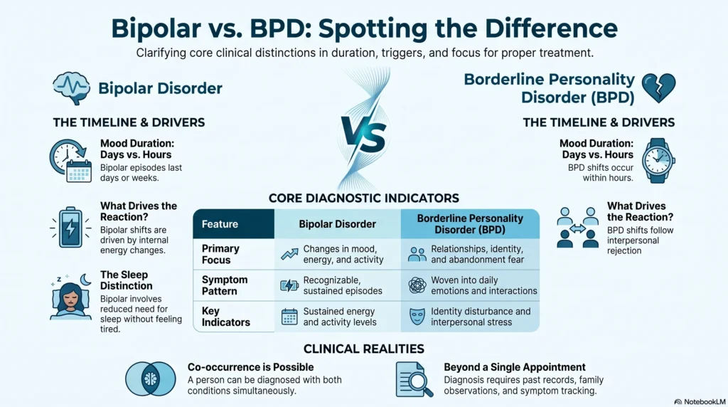 Infographic comparing bipolar disorder and BPD by mood duration, drivers, and sleep, with a table of core diagnostic indicators and clinical realities.