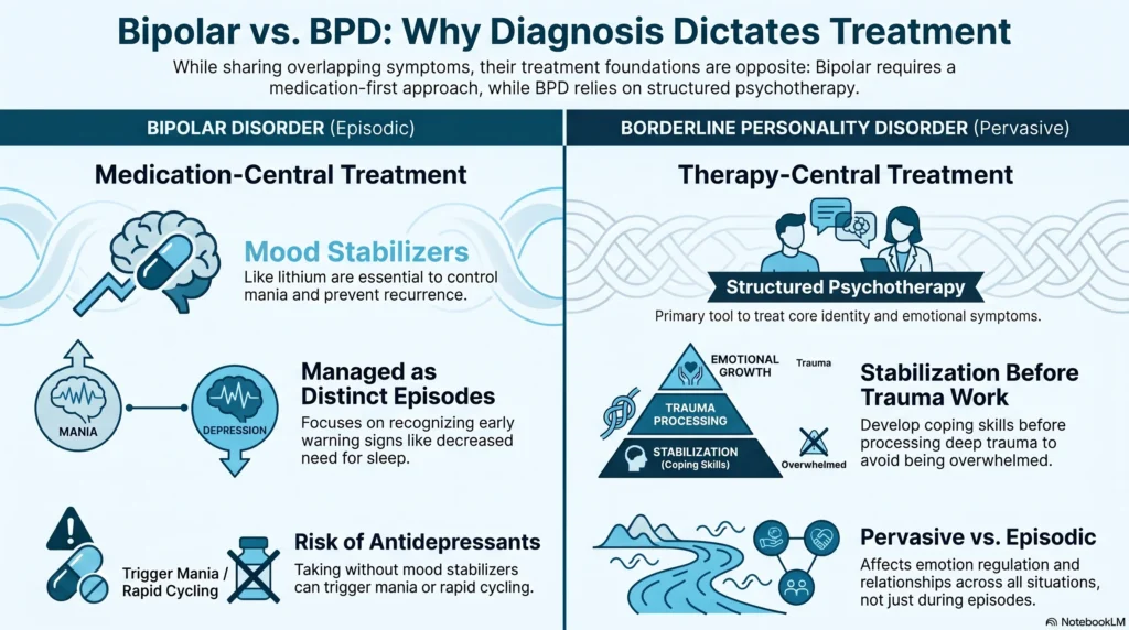 Infographic contrasting medication-central bipolar treatment with therapy-central BPD treatment, including mood stabilizers, antidepressant risk, and stabilization before trauma work.