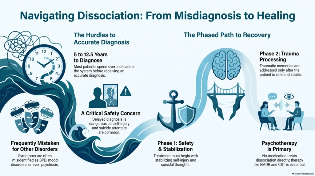 Infographic on navigating dissociation from misdiagnosis to healing: a 5 to 12.5 year diagnostic delay, frequent misidentification as BPD or psychosis, safety concerns, and a phased path of safety and stabilization, then trauma processing, with psychotherapy as the primary treatment.