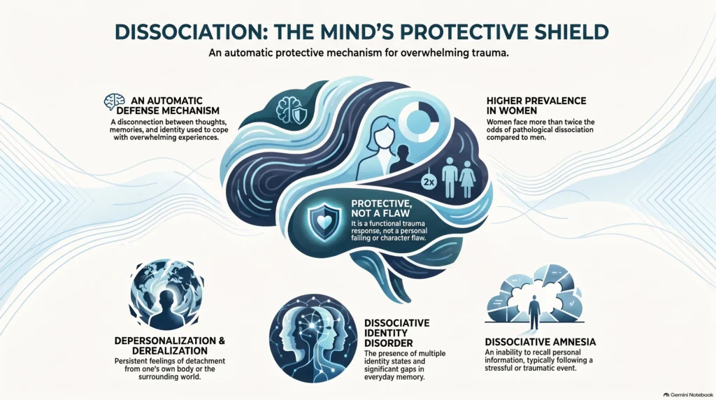 Infographic on dissociation as the mind's protective shield: an automatic defense mechanism disconnecting thoughts and memories, more than twice the odds in women, and the three dissociative disorders — depersonalization/derealization, dissociative identity disorder, and dissociative amnesia.