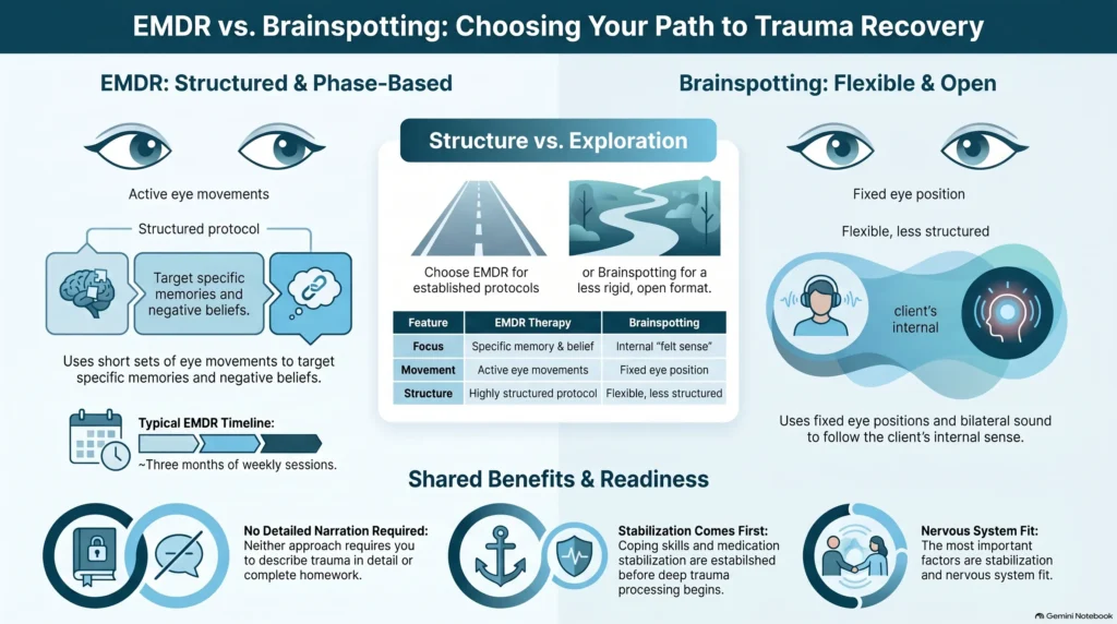 Infographic comparing Brainspotting and EMDR for trauma recovery: shared foundations of eye positioning beyond talk therapy, EMDR's structured eight-phase protocol focused on clear narrative memories, and Brainspotting's open exploration following physical sensations for fragmented material.