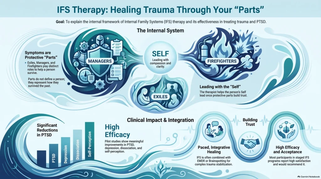 Infographic on IFS therapy for trauma: protective parts (Managers, Firefighters, Exiles) led by the Self, significant reductions in PTSD, depression, dissociation, and self-perception, and integration with EMDR and Brainspotting for paced healing.