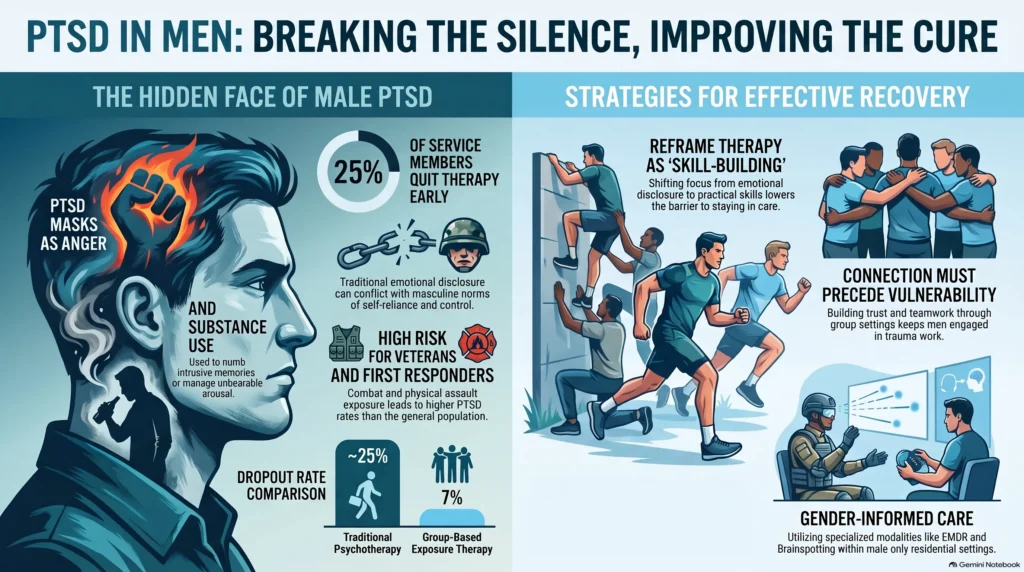 Infographic on PTSD in men: symptoms masked as anger and substance use, 25% of service members quitting therapy early, high risk for veterans and first responders, and recovery strategies including reframing therapy as skill-building, group-based exposure, and gender-informed care.