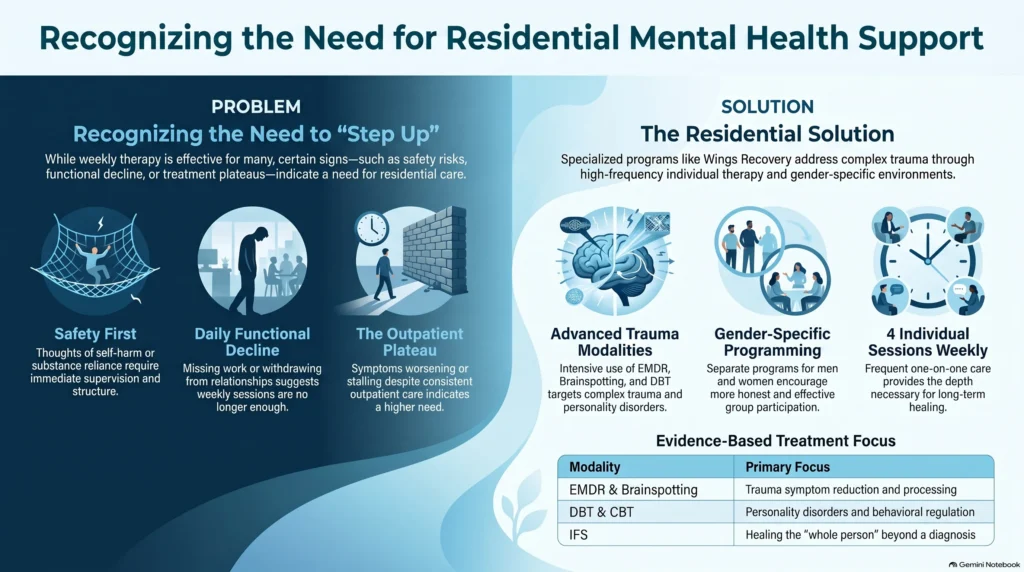 Infographic on recognizing the need for residential mental health support: safety risks, daily functional decline, and outpatient plateaus as problems, with a residential solution of advanced trauma modalities, gender-specific programming, and four individual sessions weekly, plus an evidence-based treatment focus table.