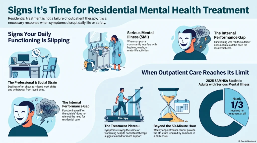 Infographic on signs it's time for residential mental health treatment: slipping daily functioning, Serious Mental Illness interfering with hygiene and meals, the internal performance gap, treatment plateaus, and a SAMHSA statistic that nearly one-third of adults with serious mental illness received no treatment.