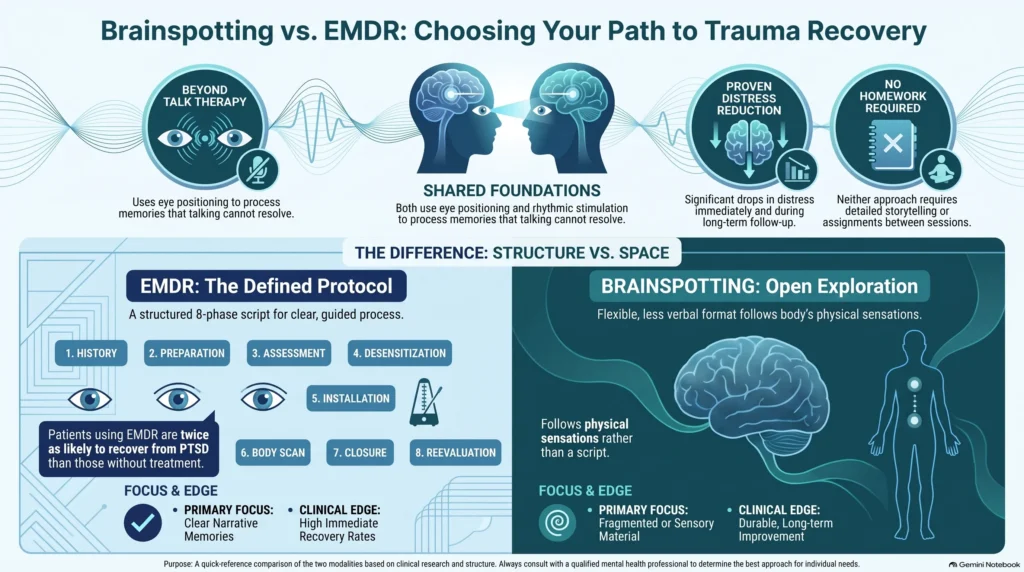Infographic on choosing between EMDR and Brainspotting: EMDR's structured phase-based protocol with active eye movements and a three-month timeline versus Brainspotting's flexible fixed-eye-position format with bilateral sound, plus a feature comparison table and a note that stabilization comes first.