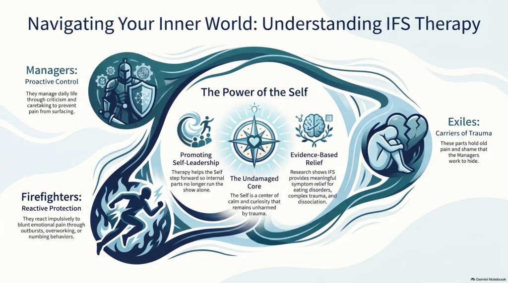 Infographic explaining IFS therapy parts: Managers as proactive control, Firefighters as reactive protection, Exiles as carriers of trauma, and the Self as an undamaged core that promotes self-leadership and evidence-based relief.