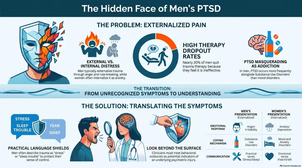 Infographic on the hidden face of men's PTSD: externalized pain through anger and rule-breaking versus women's internalized anxiety, high therapy dropout rates, PTSD masquerading as addiction, and a men's versus women's presentation comparison across emotional response, coping, and communication.