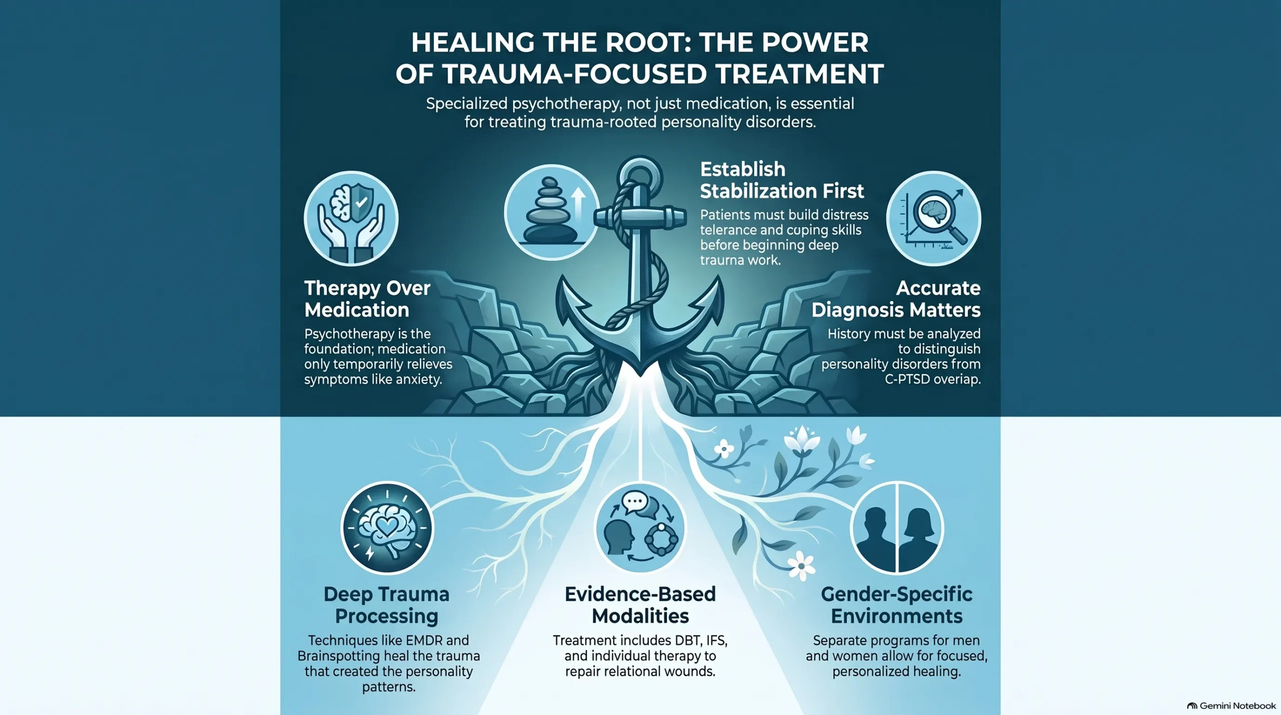 Infographic on trauma-focused treatment for personality disorders: therapy over medication, stabilization first, deep trauma processing, and gender-specific care.