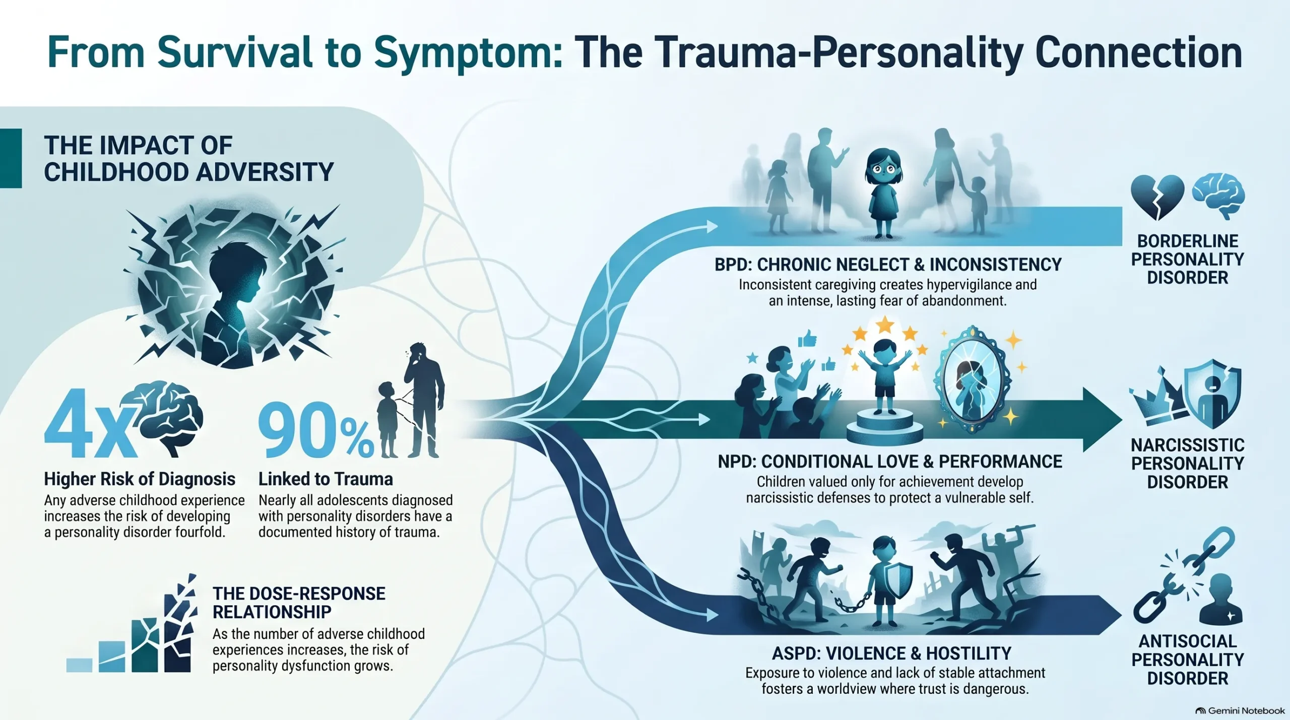 Infographic linking childhood adversity to personality disorders: fourfold higher risk, 90% with a trauma history, and distinct pathways to BPD, NPD, and ASPD.